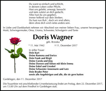 Traueranzeige von Doris Wagner (geb. Brzoska)  von Magdeburger Volksstimme