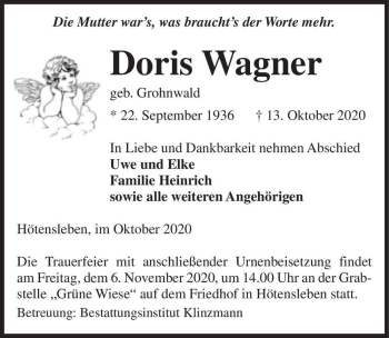 Traueranzeige von Doris Wagner (geb. Grohnwald)  von Magdeburger Volksstimme
