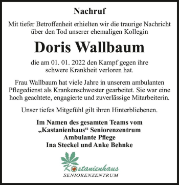 Traueranzeige von Doris Wallbaum  von Magdeburger Volksstimme
