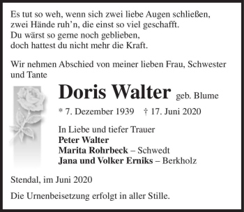 Traueranzeige von Doris Walter (geb. Blume)  von Magdeburger Volksstimme