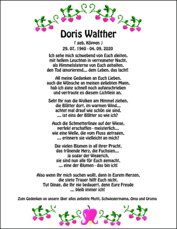 Traueranzeige von Doris Walther (geb. Köppen)  von Magdeburger Volksstimme