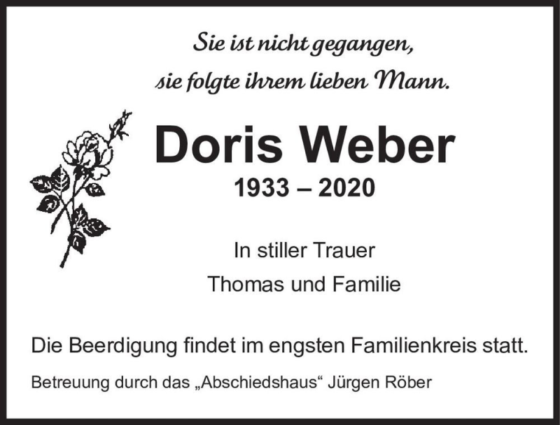  Traueranzeige für Doris Weber  vom 08.08.2020 aus Magdeburger Volksstimme