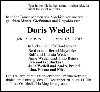 Traueranzeige von Doris Wedell  von Magdeburger Volksstimme