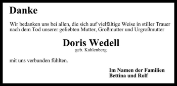 Traueranzeige von Doris Wedell (geb. Kahlenberg)  von Magdeburger Volksstimme