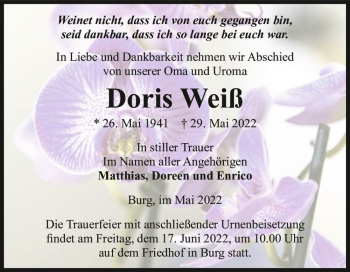 Traueranzeige von Doris Weiß  von Magdeburger Volksstimme