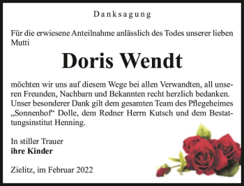 Traueranzeige von Doris Wendt  von Magdeburger Volksstimme
