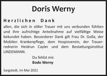 Traueranzeige von Doris Werny  von Magdeburger Volksstimme