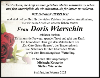 Traueranzeige von Doris Wierschin  von Magdeburger Volksstimme