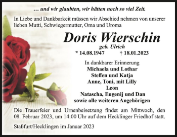 Traueranzeige von Doris Wierschin (geb. Ulrich)  von Magdeburger Volksstimme