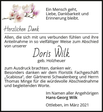 Traueranzeige von Doris Wilk (geb. Holzheuer)  von Magdeburger Volksstimme