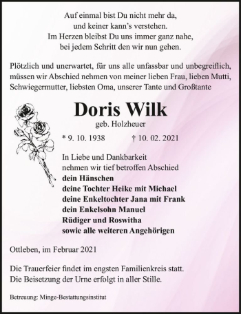 Traueranzeige von Doris Wilk (geb. Holzheuer)  von Magdeburger Volksstimme