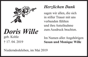Traueranzeige von Doris Wille (geb. Kohle)  von Magdeburger Volksstimme