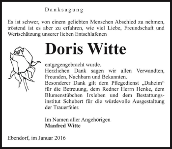 Traueranzeige von Doris Witte  von Magdeburger Volksstimme