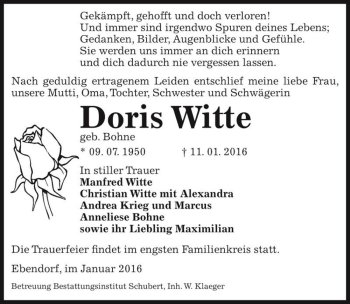 Traueranzeige von Doris Witte (geb. Bohne)  von Magdeburger Volksstimme