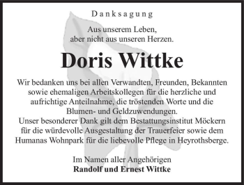 Traueranzeige von Doris Wittke  von Magdeburger Volksstimme