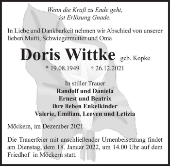 Traueranzeige von Doris Wittke (geb. Kopke)  von Magdeburger Volksstimme