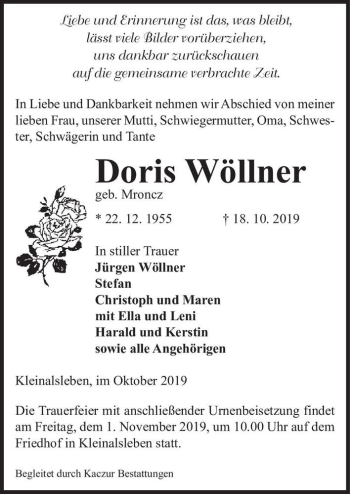 Traueranzeige von Doris Wöllner (geb. Mroncz)  von Magdeburger Volksstimme