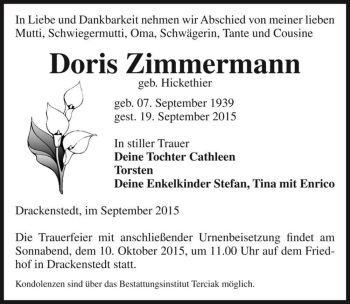 Traueranzeige von Doris Zimmermann (geb. Hickethier)  von Magdeburger Volksstimme