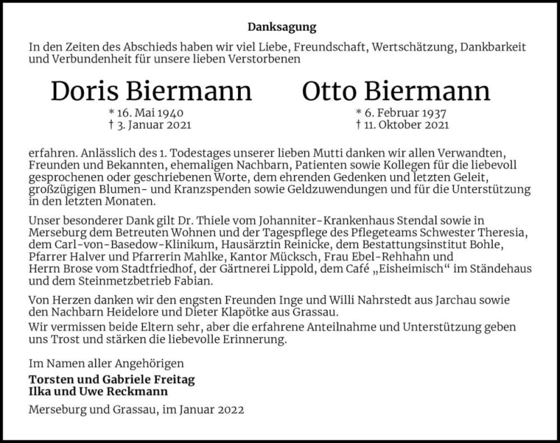 Traueranzeige für Doris und Otto Biermann  vom 03.01.2022 aus Magdeburger Volksstimme