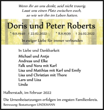 Traueranzeige von Doris und Peter Roberts  von Magdeburger Volksstimme