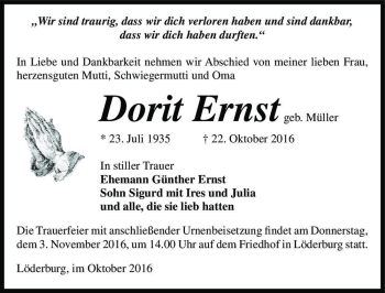 Traueranzeige von Dorit Ernst (geb. Müller)  von Magdeburger Volksstimme