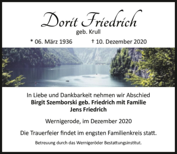 Traueranzeige von Dorit Friedrich (geb. Krull)  von Magdeburger Volksstimme