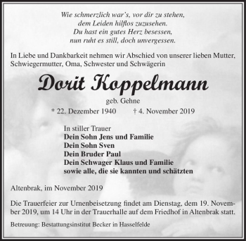 Traueranzeige von Dorit Koppelmann (geb. Gehne)  von Magdeburger Volksstimme