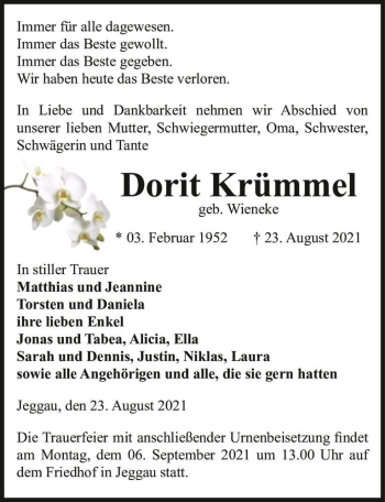 Traueranzeige von Dorit Krümmel (geb. Wieneke)  von Magdeburger Volksstimme