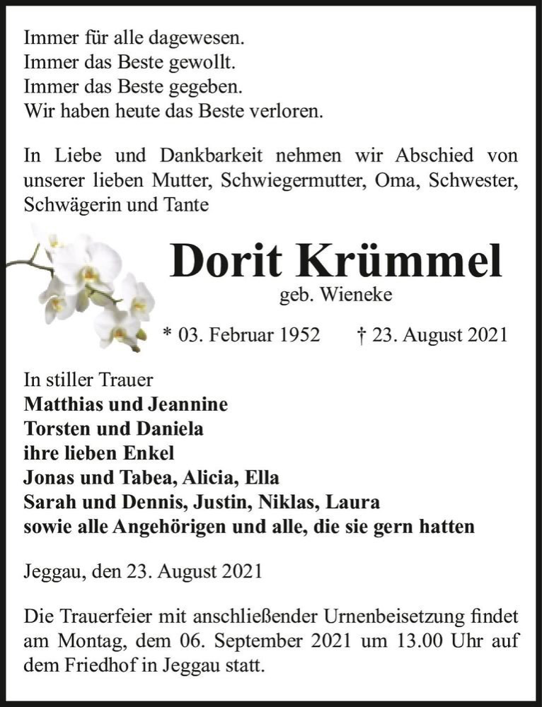  Traueranzeige für Dorit Krümmel (geb. Wieneke)  vom 26.08.2021 aus Magdeburger Volksstimme