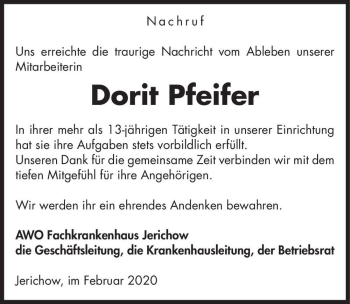Traueranzeige von Dorit Pfeifer  von Magdeburger Volksstimme