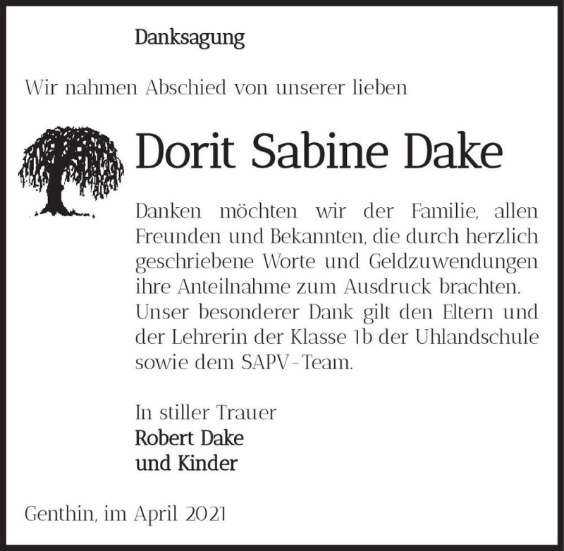  Traueranzeige für Dorit Sabine Dake  vom 10.04.2021 aus Magdeburger Volksstimme