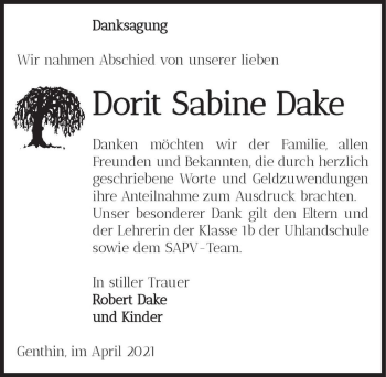 Traueranzeige von Dorit Sabine Dake  von Magdeburger Volksstimme