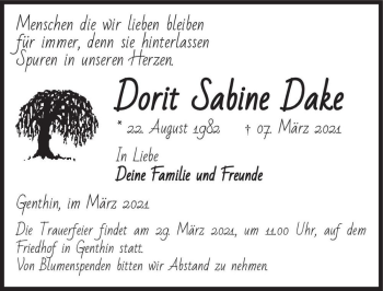 Traueranzeige von Dorit Sabine Dake  von Magdeburger Volksstimme