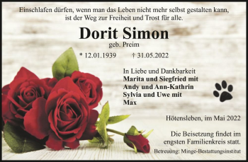 Traueranzeige von Dorit Simon (geb. Preim)  von Magdeburger Volksstimme