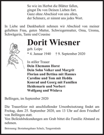 Traueranzeige von Dorit Wiesner (geb. Leipe)  von Magdeburger Volksstimme