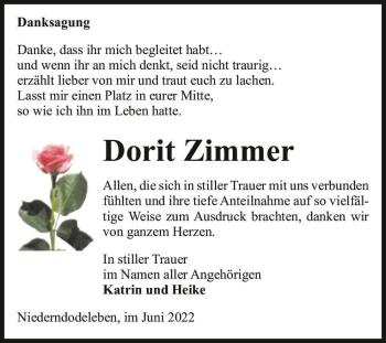Traueranzeige von Dorit Zimmer  von Magdeburger Volksstimme
