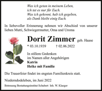 Traueranzeige von Dorit Zimmer (geb. Haase)  von Magdeburger Volksstimme