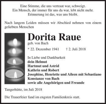 Traueranzeige von Dorita Raue (geb. von Bach)  von Magdeburger Volksstimme
