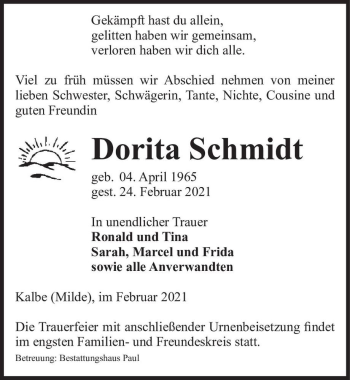 Traueranzeige von Dorita Schmidt  von Magdeburger Volksstimme