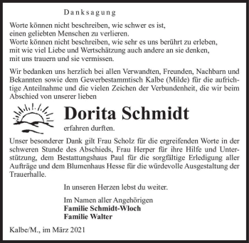 Traueranzeige von Dorita Schmidt  von Magdeburger Volksstimme