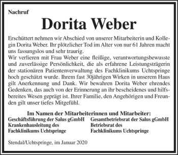 Traueranzeige von Dorita Weber  von Magdeburger Volksstimme