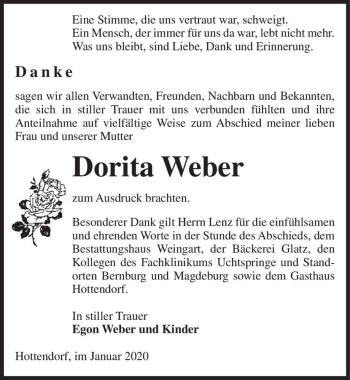 Traueranzeige von Dorita Weber  von Magdeburger Volksstimme