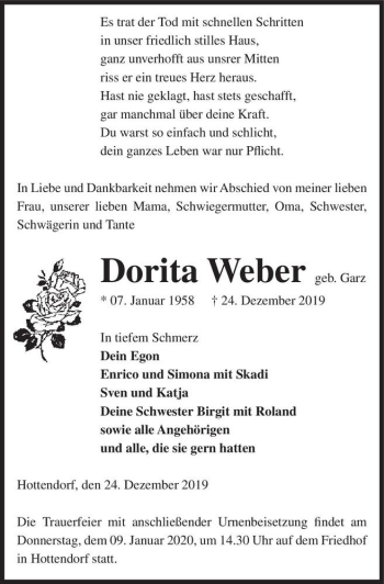 Traueranzeige von Dorita Weber (geb. Garz)  von Magdeburger Volksstimme