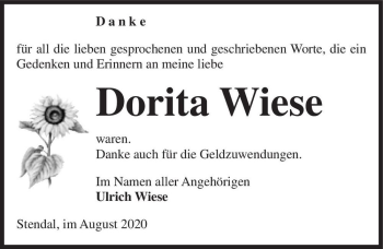Traueranzeige von Dorita Wiese  von Magdeburger Volksstimme