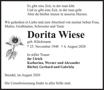 Traueranzeige von Dorita Wiese (geb. Klückmann)  von Magdeburger Volksstimme