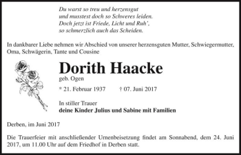 Traueranzeige von Dorith Haacke (geb. Ogen)  von Magdeburger Volksstimme