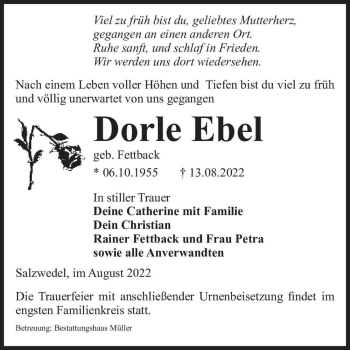 Traueranzeige von Dorle Ebel (geb. Fettback)  von Magdeburger Volksstimme