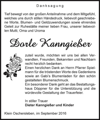 Traueranzeige von Dorle Kanngießer  von Magdeburger Volksstimme