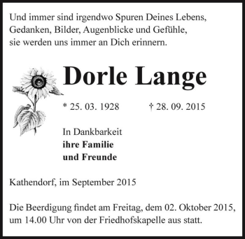 Traueranzeige von Dorle Lange  von Magdeburger Volksstimme