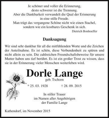Traueranzeige von Dorle Lange (geb. Tschorn)  von Magdeburger Volksstimme